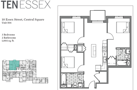 Floor plan for 3 beds, 2 baths, 1064 sqft